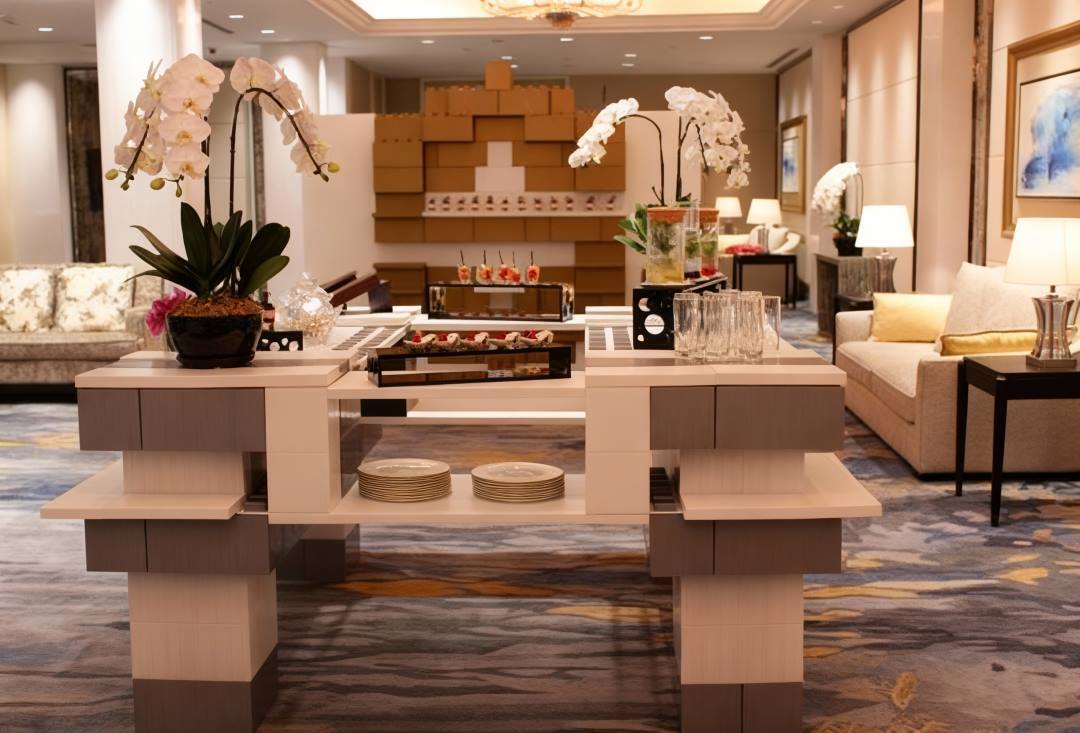 EverBlock Table with Shelves in a Lobby