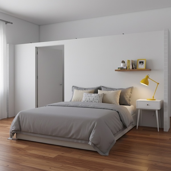 White EverPanel&reg; modular wall creates a separate bedroom area with a doorway.