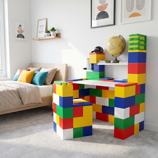 Shelving adds built-in storage for books, toys, art supplies, and other essentials, while desks create dedicated areas for homework, reading, crafts, and screen time.