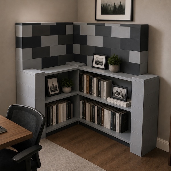 Contemporary modular shelving and room divider unit with a gray and black block-pattern design, featuring open bookshelves, framed photos, decorative plants, and integrated storage in a home office setting.